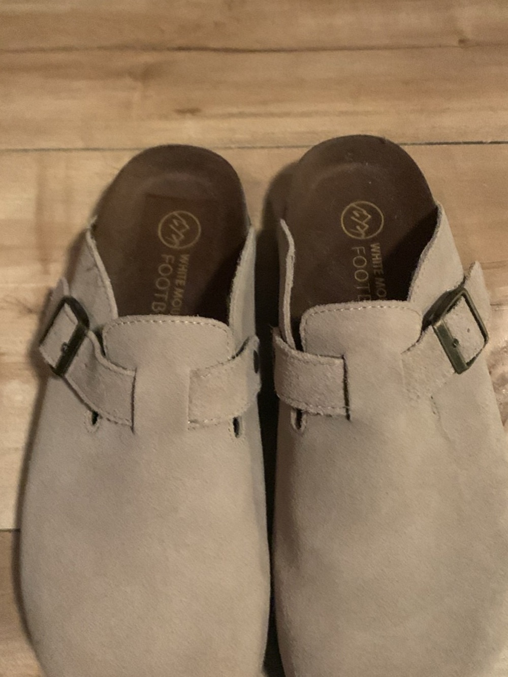 White Mountain Men's Suede Slip-On Clogs in Beige with Dark Buckles